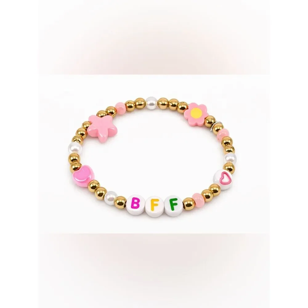 BFF Beaded Friendship Bracelet Gold Tone Pink Heart Flower Girls Women Gift